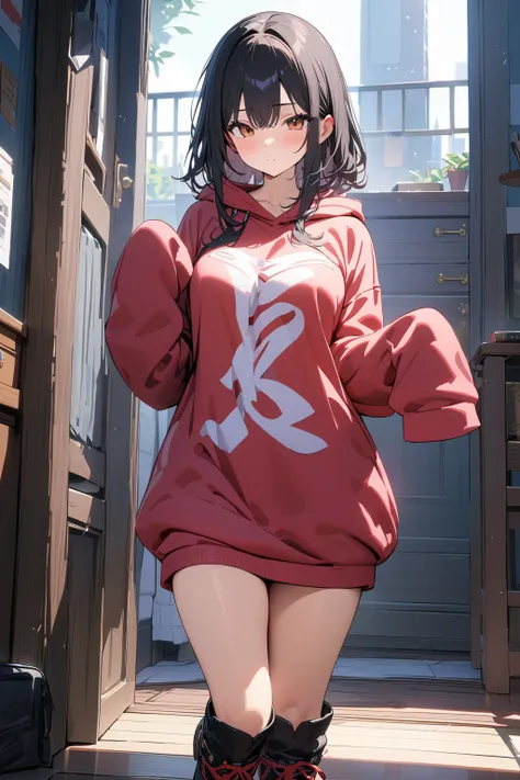 (masterpiece, best quality:1.5), (ultra detailed, high resolution, 8k, beautiful detailed, UHD, best anatomy), 1 cute girl, black hair, medium breasts, sleeves past fingers, Flabby Clothes, Oversized sweatshirt, Flared skirt, boots