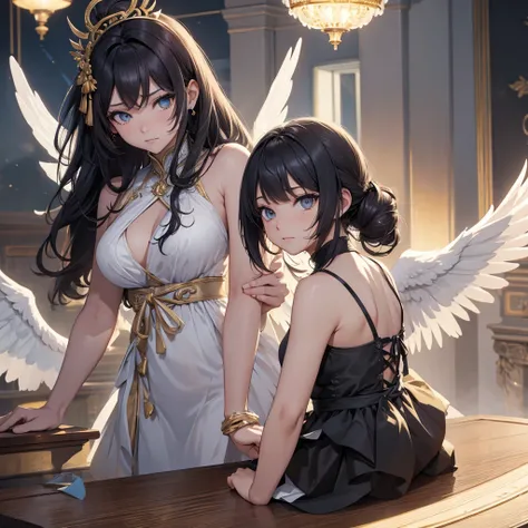 ((On the table, best quality)), Delicate face, Character Design Sheet，whole body, Perfect proportion，Rich in details, Multiple poses and expressions, Very detailed, Martial Arts Girl，1Girl with black wings，Gradient hair color，Golden，Delicate eyes, see thro...