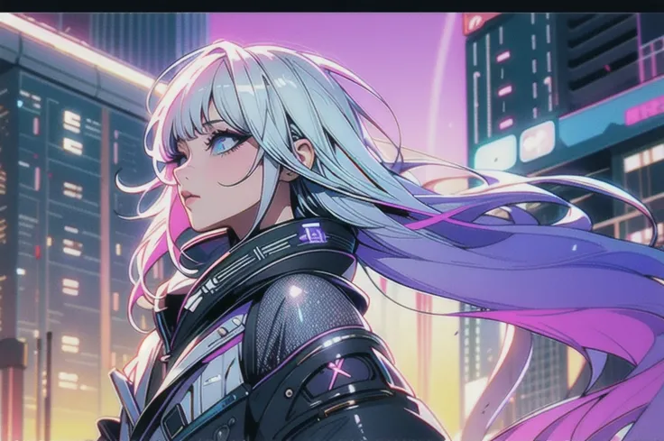 masterpiece,Highest quality,1 Synthwave girl,Blue outline,Neon cityscape,Blue fluorescent paint,solo,From below,Cowboy Shot,Rooftop of a building,Highly detailed CG,Flat Color,Limited palette,Line art,silhouette,Partially colored,Alternate Color,Dynamic An...