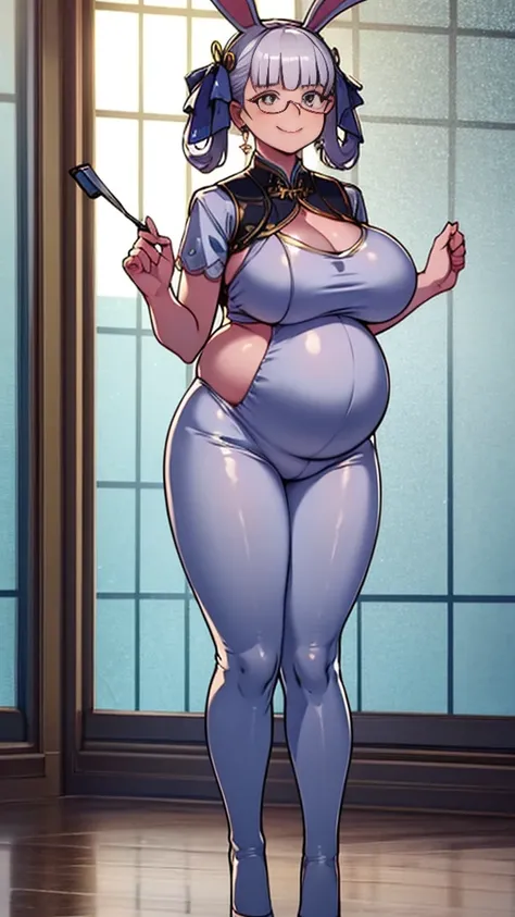 (Full body, glasses), An image of a pregnant girl wearing a bunnysuit with her belly on full display. She is a very voluptuous lady, she has a smug face