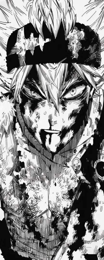 a drawing of asta with bloods, black and white manga panel, ink manga drawing, striking manga artstyle, black and white manga pa...