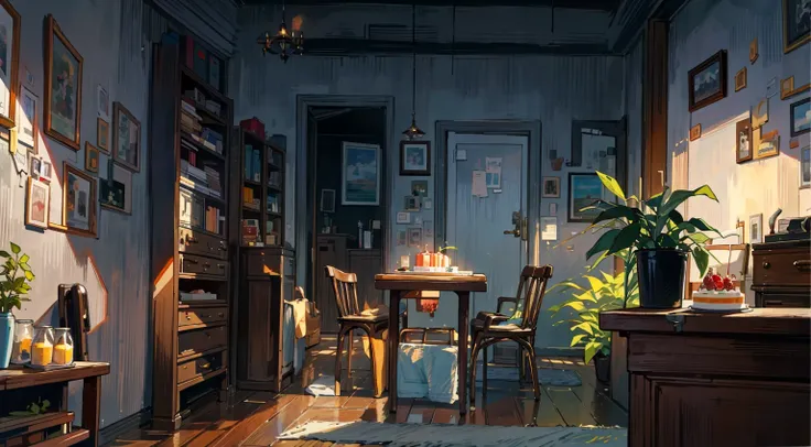 （best quality，masterpiece：1.2，detailed details，4k），A dim old apartment, a small birthday cake on an old wooden table, a modern apartment, an alarm clock on the wall, an anime scene,the wooden floor, 