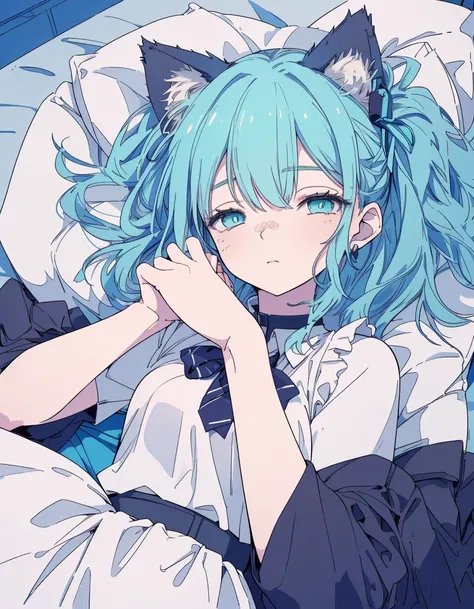 sleepy, lying, arms up, closed eyes, ((masterpiece, best quality:1.5)), ((Beautiful detailed cat aqua eyes:1.2)), cat ears, pale skin, small breasts, beautiful hands, beautiful fingers, EasyNegative