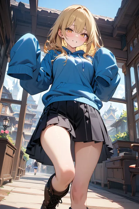 (masterpiece, best quality:1.5), (ultra detailed, high resolution, 8k, beautiful detailed, UHD, best anatomy), 1 cute girl, blonde hair, medium breasts, sleeves past fingers, sweatshirt, Flared skirt, boots