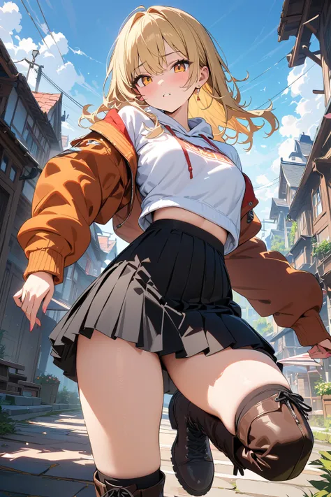 (masterpiece, best quality:1.5), (ultra detailed, high resolution, 8k, beautiful detailed, UHD, best anatomy), 1 cute girl, blonde hair, medium breasts, sleeves past fingers, sweatshirt, Flared skirt, boots