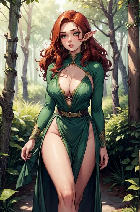 1girl, elf, earrings, forest, flowers, natural lighting, masterpiece, highly detailed, illustration, game CG, absurdres, high quality, medium breasts, redhead, long curly hair, freckles, glossy lips,walking ina forest, cleavage, erotic fantasy, Boris Valle...