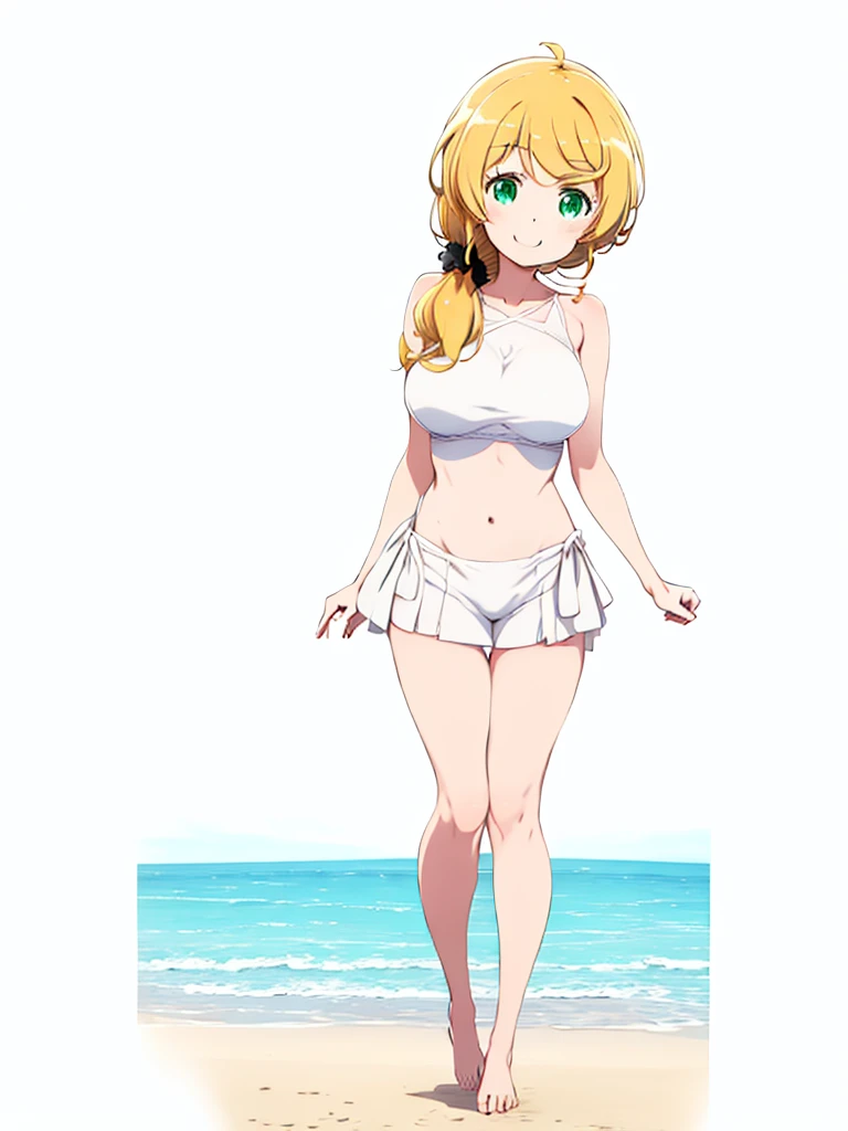 one girl、ellen_baker, green eyes, blonde hair, long hair, hair scrunchie, bikini, beach, beautiful girl, alone, large breasts, t...