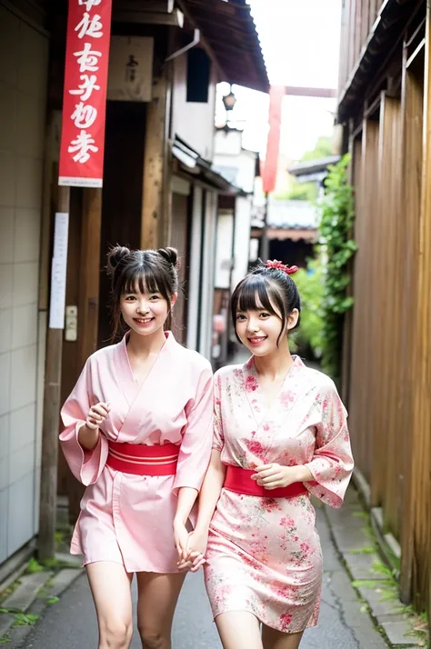 2 girls walking in old-Japanese street,floral pink yukata with red obi,18-year-old,bangs,a little smile,thighs,knees,short hair and low pigtails with red ribbon bow,from before,front light