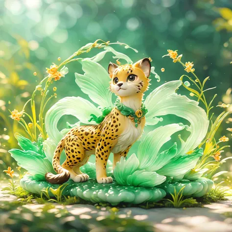 best quality, very good, 16K, ridiculous, Very detailed, charming(((Cheetah 1.3)))wing，Made of translucent jadeite, Background grassland（（A masterpiece full of fantasy elements）））， （（best quality））， （（Intricate details））（8K）