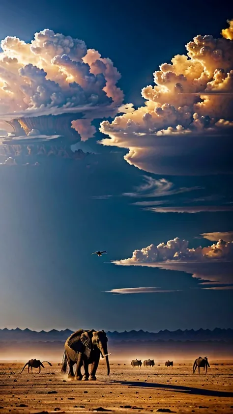 The dramatic atmosphere of a flock of ababil birds carrying small hot stones, which attacks the war troops riding elephants below. The background is a vast sky and a barren desert, creating an epic picture of an intense attack moment. Ultra-real, dramatic,...