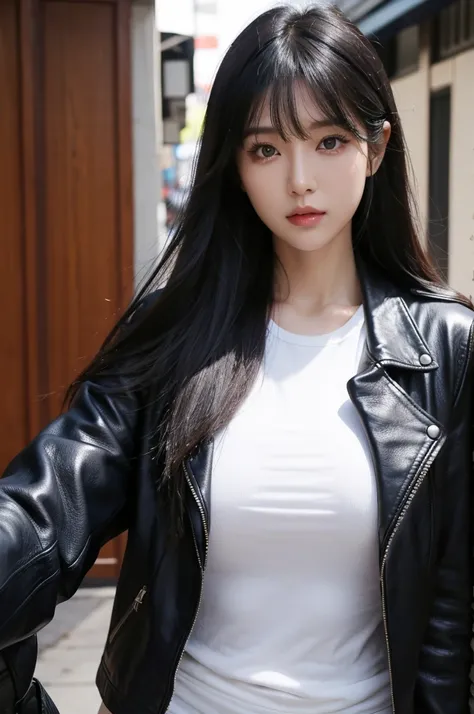 30-year-old woman,Black Hair,Asian,Korean style long hair,Headband,Long Bangs,Blue Eyes,Dark Skin,leather jacket,Selfie