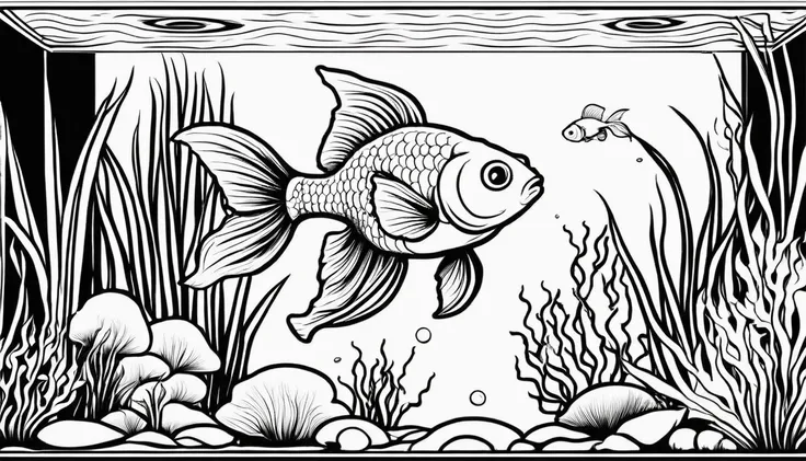 Gold fish in aquarium, cartoon, ,Coloring Book, ColoringBookAF,