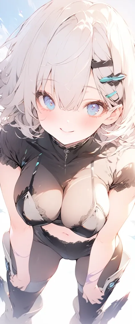 beautiful, masterpiece, Highest quality, anime, One girl, C Cup,Portrait Shot, View your viewers, Covered、Short Hair、nearby、Blue Eyes、art、、White hair,Blue streaked hair、wallpaper、hairpin、Cute smile、Thighs、navel、Sci-fi hair accessories、Sci-fi knee-high boot...