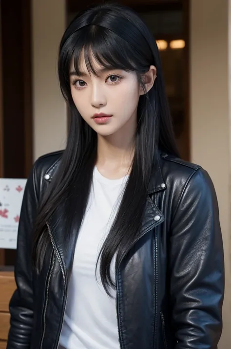 30-year-old woman,Black Hair,Asian,Korean style long hair,Headband,Long Bangs,Blue Eyes,Dark Skin,leather jacket,Selfie