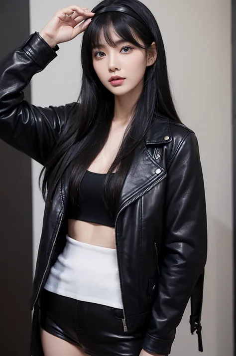 30-year-old woman,Black Hair,Asian,Korean style long hair,Headband,Long Bangs,Blue Eyes,Dark Skin,leather jacket,Selfie