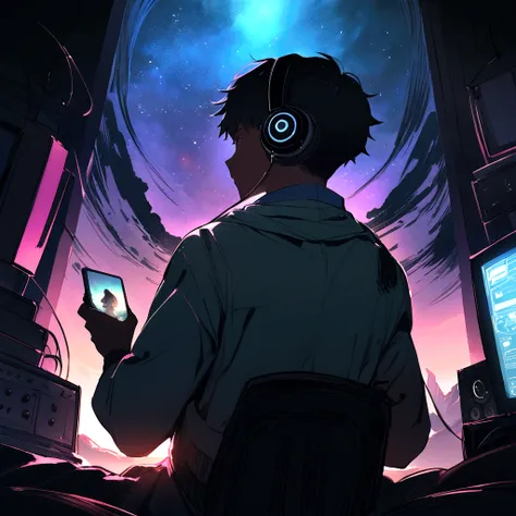 Back view of cool young man listening to music on computer in room full of gadgets, Pol Makoto Shinkai e Ghibli Studio, Dramatic lighting, God&#39;s Perspective, Great quality, Dark Skin, Cone Fade、Space landscape with earth on top、creative、neon、Near futur...