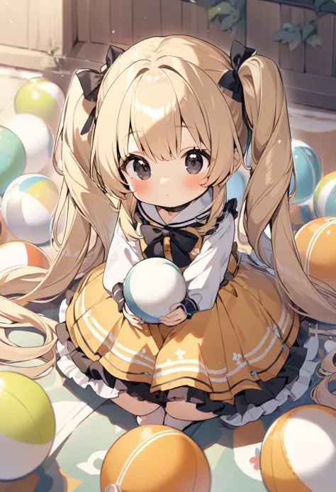 girl, cute, tiny, ball, large twin tails, blond hair, black eyes