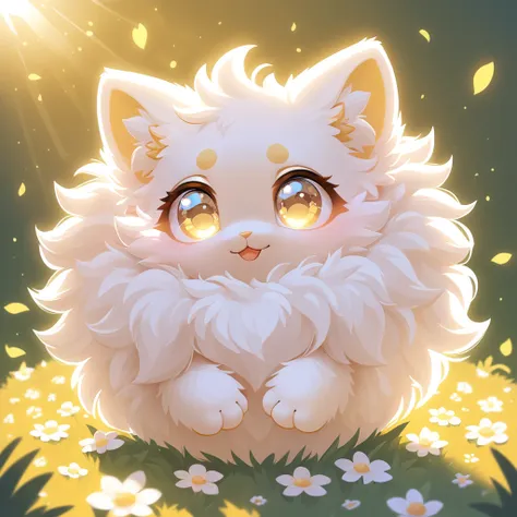 Fluffy cute ball of a flower gold and white with lovely eyes shimmering in the sunlight
