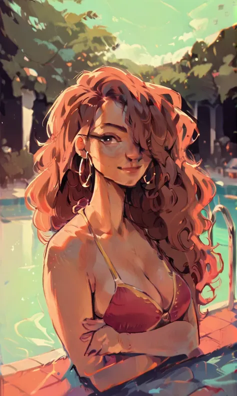 score_9, score_8_up, score_7_up, score_6_up, score_5_up, score_4_up, ((low depth of field)), , (beautiful landscape), BREAK woman sitting in a pool, 1girl, MILF, dark-skinned female, large breasts, brown eyes, brown hair, wavy hair, hair over one eye, hoop...