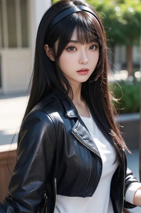 30-year-old woman,Black Hair,Asian,Korean style long hair,Headband,Long Bangs,Blue Eyes,Dark Skin,leather jacket,Selfie