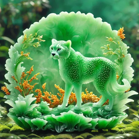 best quality, very good, 16K, ridiculous, Very detailed, charming(((Cheetah 1.3)))wing，Made of translucent jadeite, Background grassland（（A masterpiece full of fantasy elements）））， （（best quality））， （（Intricate details））（8K）