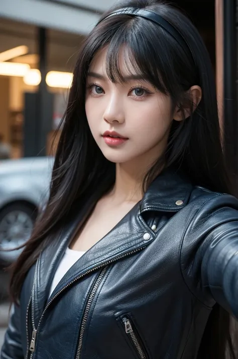 30-year-old woman,Black Hair,Asian,Korean style long hair,Headband,Long Bangs,Blue Eyes,Dark Skin,leather jacket,Selfie