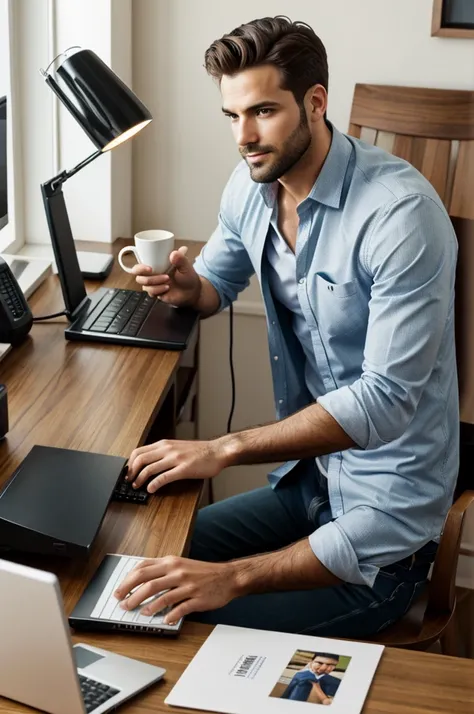 Handsome man sitting at the computer,Prints,there is a cup of coffee on the table,next to the lamp,