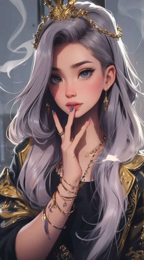 Dinity, (Smoke gold effect around his head,  beaucoup de vapeur effect) tatouage, maquillage, Paysage de nuit qui passe, Une belle fille avec, UHD Portrait, (High quality) (ultra details) Regarder le spectateur en tenue de ville de style hip-hop; different...