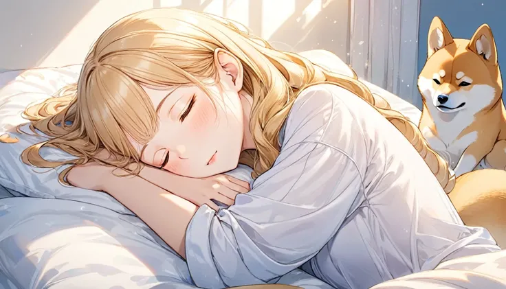 Japanese animation style、I will create a digital illustration of an adult elf woman sleeping face down in a large bed、She is wearing a rather large shirt.、Relaxed facial expression、Long, loosely wavy blonde hair、Sleeping with her pet Shiba Inu、The Shiba In...