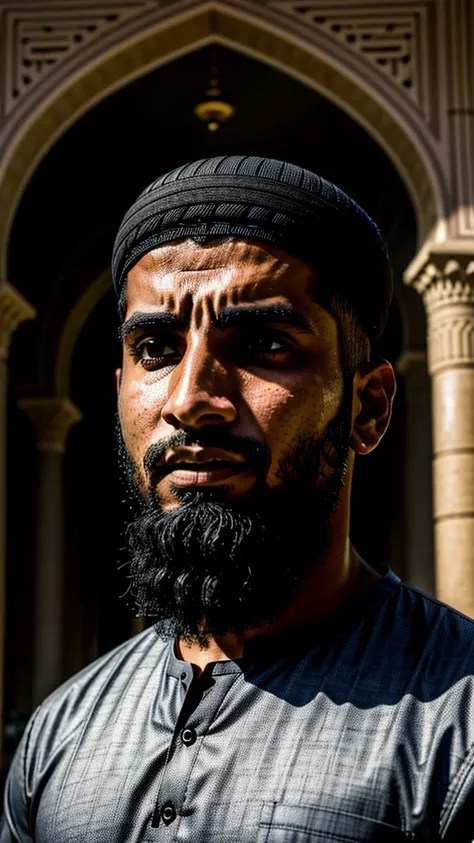 moment of a Muslim man realizing the power of God, with an expression full of awe or deep contemplation. Very real, high resolution, 8k resolution, intricate details,