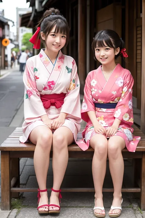 2 girls on wooden bench in old-Japanese street,floral pink yukata with red obi,18-year-old,bangs,a little smile,thighs,knees,short hair and low pigtails with red ribbon bow,from before,front light