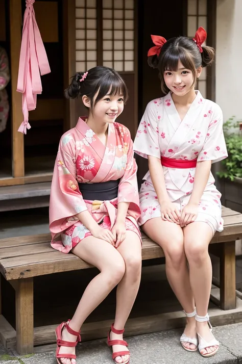 2 girls on wooden bench in old-Japanese street,floral pink yukata with red obi,18-year-old,bangs,a little smile,thighs,knees,short hair and low pigtails with red ribbon bow,from before,front light