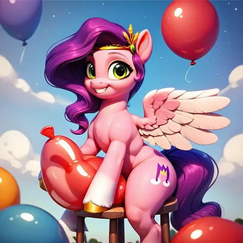 score_9, score_8_up, score_7_up, score_6_up, score_5_up, score_4_up, Digital art, cute, feral, alicorn, Pipp Petals, female, muscular, rating_questionable, suggestive, presenting, cute digital art of a feral character straddling one balloon, meadow, night,...