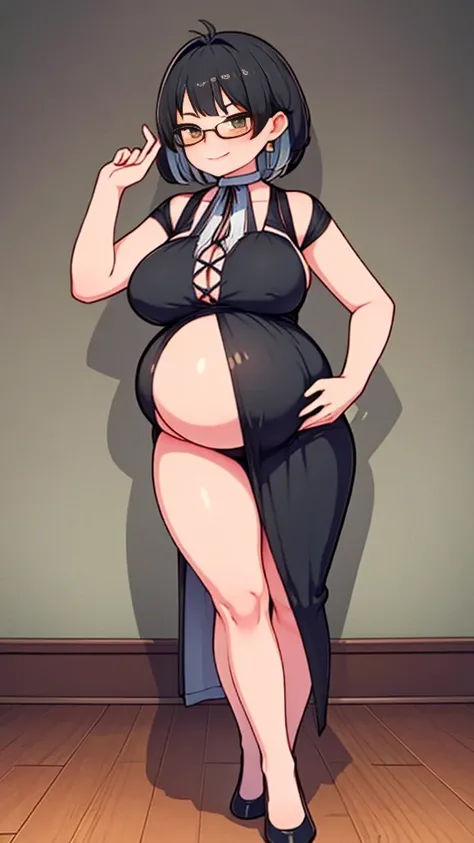 (Full body, glasses), An image of a pregnant girl with her belly on full display. She is a very voluptuous lady, she has a smug face