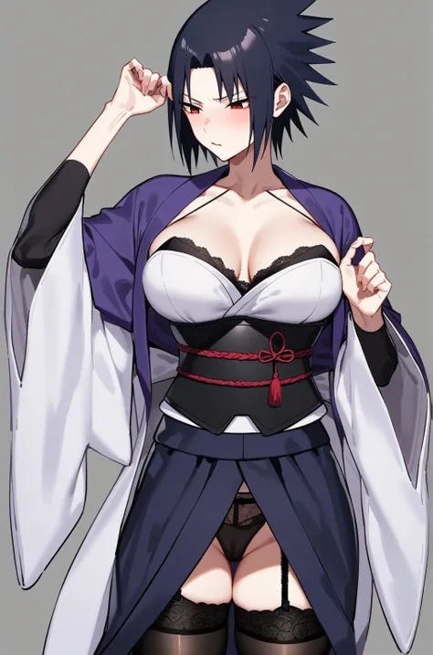 Sasuke Uchiha, e Cup sized breasts, overthrown kimono, corset, showing off pantys under black skirt, horny, lace ,black garter belt