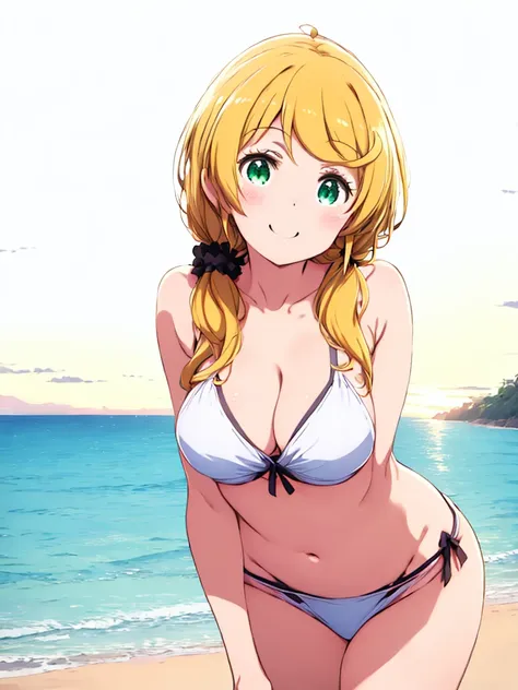 one woman、ellen_baker, green eyes, blonde hair, long hair, hair scrunchie, bikini, beach, large breasts, cleavage、belly button、t...