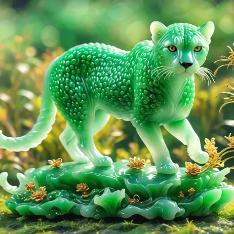 best quality, very good, 16K, ridiculous, Very detailed, charming(((Cheetah 1.3)))，Made of translucent jadeite, Background grassland（（A masterpiece full of fantasy elements）））， （（best quality））， （（Intricate details））（8K）