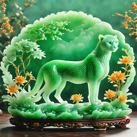 best quality, very good, 16K, ridiculous, Very detailed, charming(((Cheetah 1.3)))，Made of translucent jadeite, Background grassland（（A masterpiece full of fantasy elements）））， （（best quality））， （（Intricate details））（8K）