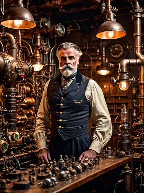 photo focus on male focus, indoors, realistic scenery, (captain nemo:1.1), retro-futuristic,  tinkering in his workshop,  vacuum...