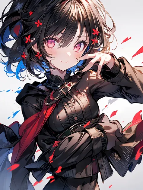 One Girl，Short black hair　Beautiful eyes　Red eyes　Beautiful girl　cool　smile　Black Coat　mini skirt　whole body　Night view　Beautifully detailed face and eyes、Detailed eyes and face、Intricate details, Ergonomically correct depiction of five fingers, 繊細なsmile