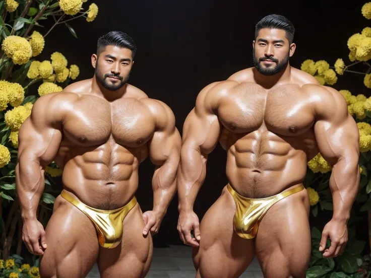 There is only one handsome Asian actor in the picture，30 years old，Tall and handsome, Toned body，short hair, O-Shaped Beard，Perfect body, Dark skin，Glowing skin，Smooth skin，The body is hairless，Muscle bulge, Muscular, Very large pectoral muscles，Very sexy ...