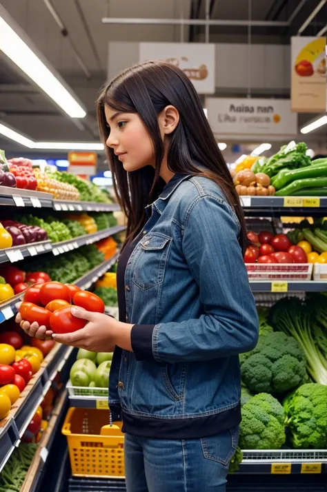 Giving vegetables to girl in grocery shop