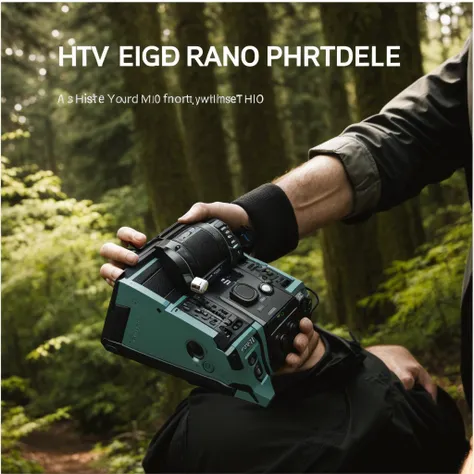 A man is holding a radio in the forest, Highest quality, Angle View, Ease of use, high - Angle View, 1 0 8 0 p, 1080P, HD 16K, Shooting angle below, wide high Angle View, Angle View, Low-angle camera view