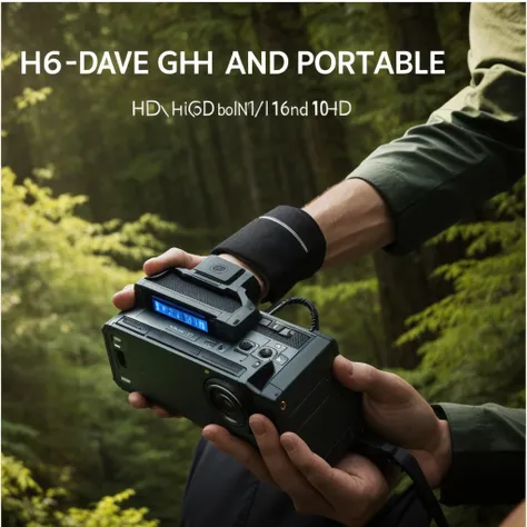 A man is holding a radio in the forest, Highest quality, Angle View, Ease of use, high - Angle View, 1 0 8 0 p, 1080P, HD 16K, Shooting angle below, wide high Angle View, Angle View, Low-angle camera view