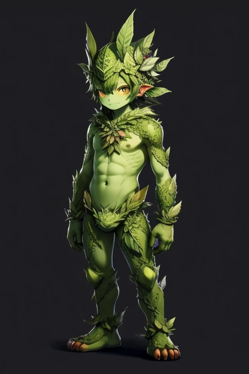 leaf-man, monster, small, cute, detailed skin, masterpiece,