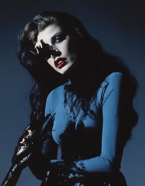 film photography, vintage, fashion shoot of female horror monster, blue dark background