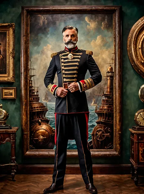 photo focus on male focus, indoors, realistic scenery, (captain nemo:1.1), standing in front of a beautiful painting, high quali...