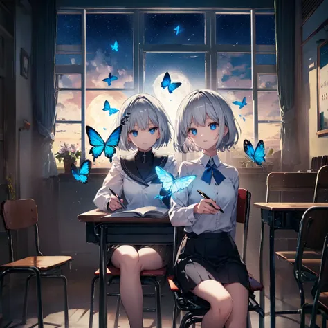 (((1 person　Gray Hair　Holding a pen　classroom　Chair　sit)))　((High resolution　short hair　tie　Black Skirt　Rin々Funny face　))　((student　blue eyes　Close-up))　((Blue Butterfly　night　学校のclassroom　Shining Aura　sit　Catch the wind　Looking at the moon outside))　(smil...