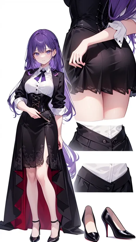 Purple Hair,Super long hair with volume,Adult female,(suit),White Y-shirt,((Rolling up his sleeves)),(corset),(Black skirt),(Slim silhouette skirt),(High heels),Heels are visible,((Simple white background)),smile,((whole body)),((full body)),Character Shee...