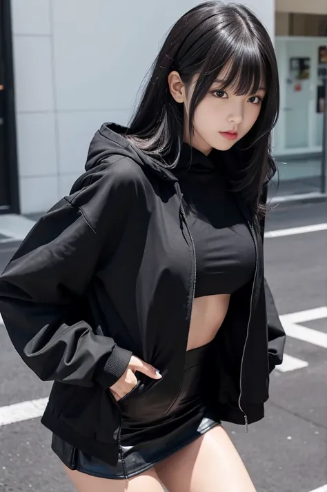 A girl with long black hair wearing a long black jacket with a hood　He is wearing a black T-shirt underneath his jacket.　Black mini skirt　tall　Slightly larger breasts　With bangs　Thin legs　Wearing a black mask